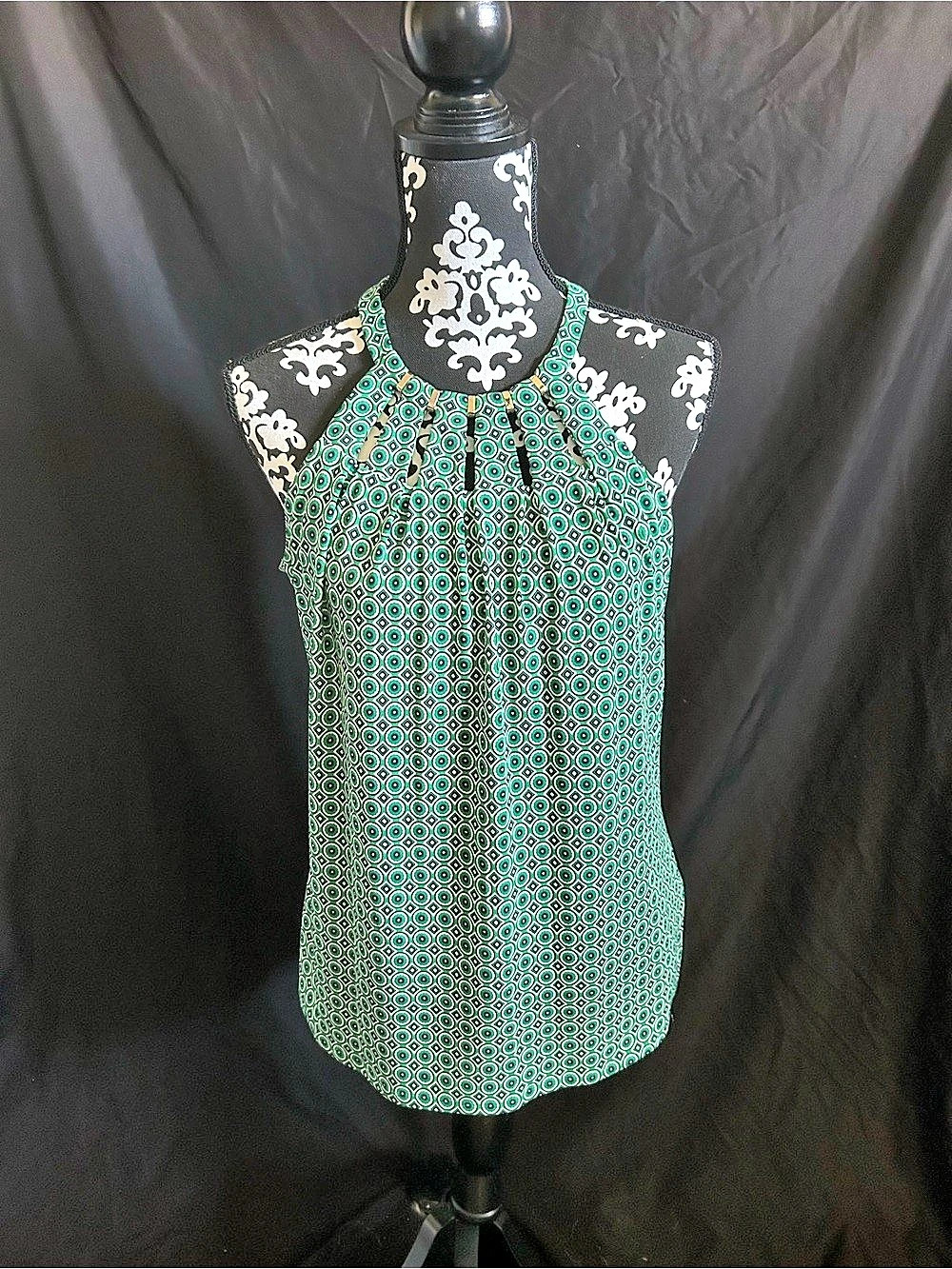 White House Black Market Ring Detail Halter Top Green & White Medium